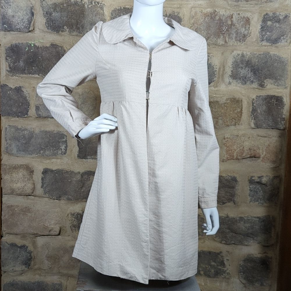 Hale Bob‎ Beige Textured Empire Waist Hook Front Peter Pan Collar Coat Small